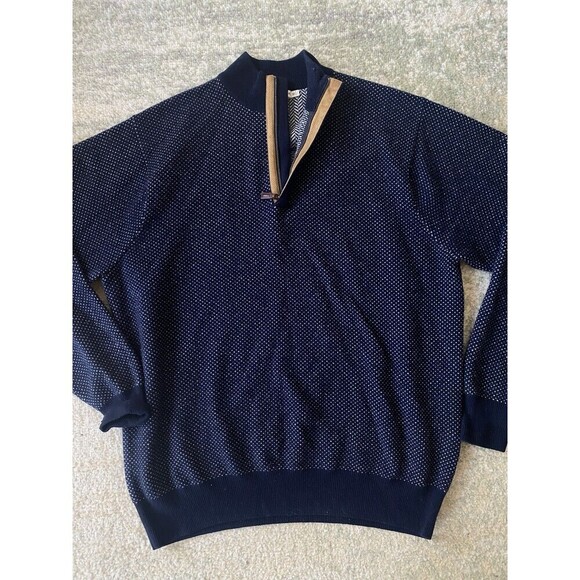 Peter Millar Sz M Merino Wool Cashmere 1/4 Blue/White Polka Dot Zip Knit Sweater - Picture 1 of 9
